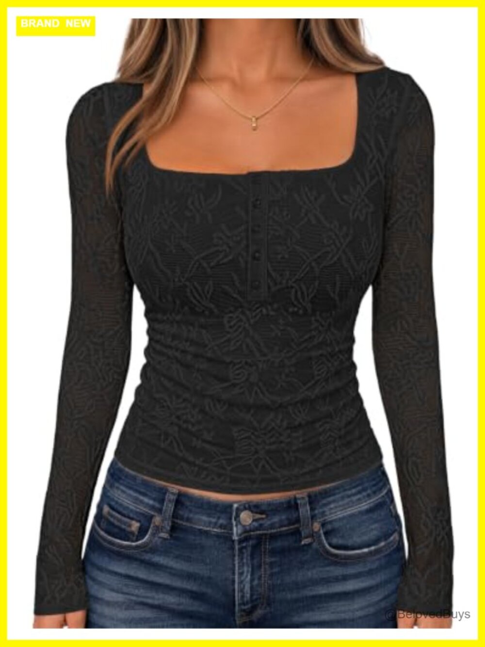 Womens Lace Mesh Long Sleeve Blouse Square Neck Dressy Casual Top
